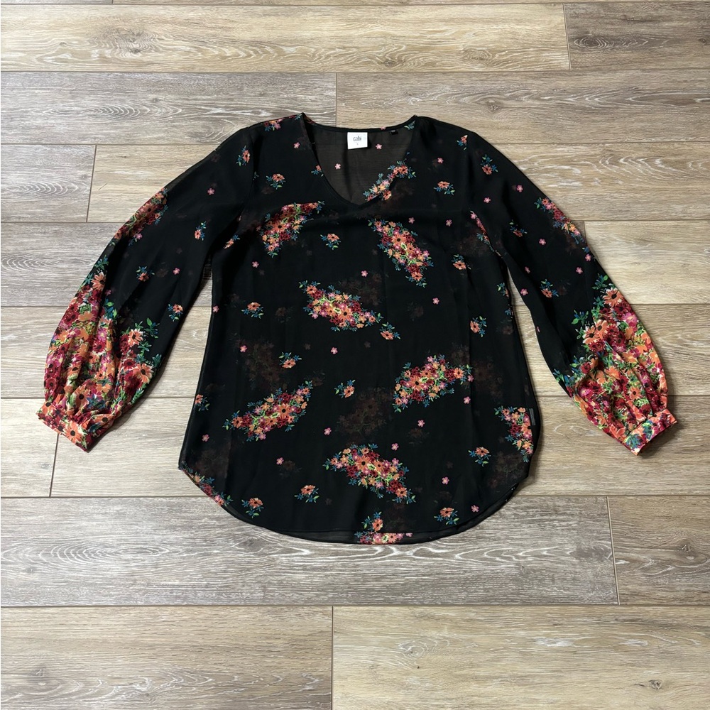 Cabi Shirt Women’s Sz S Blooming Blouse Black Floral Sheer Peasant Boho Office